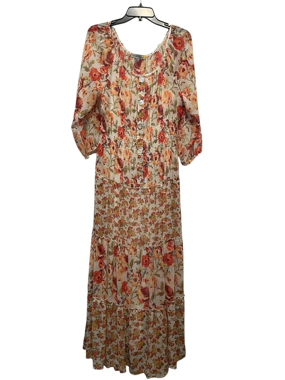 Fig&Flower Floral Print Sheer Tiered Maxi Dress Smocked Waist 3/4 Sleeve Women L